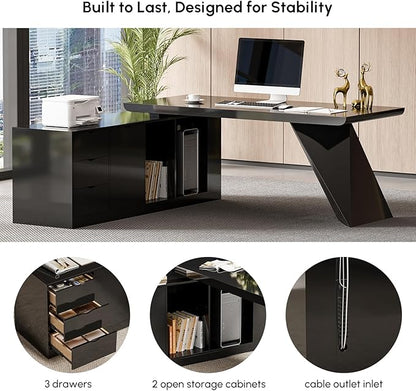 homary 70.9" Modern L-Shape Executive Desk Set, Home Office Desk with Home Office Executive Chair, Drawers & Cabinet Modern Computer Desk for Home Business Furniture, Black, Right Hand