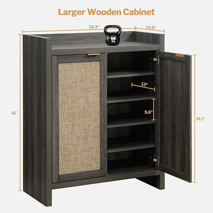 SICOTAS Shoe Storage Cabinet Set of 3, Large Capacity Rattan Shoe Cabinet for Entryway, 6-Tier 41" Tall Shoe Cabinet, Farmhouse Wooden Storage Cabinet for Living Room Hallway, Black Oak