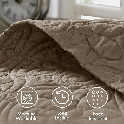 Madison Park Quebec Reversible Quilt Set Damask Design, Double Sided Stitching All Season, Lightweight Bedspread Bedding Set, Matching Sham, Khaki, Queen(102"x118") 3 Piece