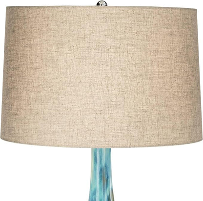 Possini Euro Design Kenya Modern Table Lamp 29 1/2" Tall Blue Green Reactive Glaze Ceramic Beige Linen Tapered Drum Shade for Bedroom Living Room House Home Bedside Nightstand Office Entryway Kids