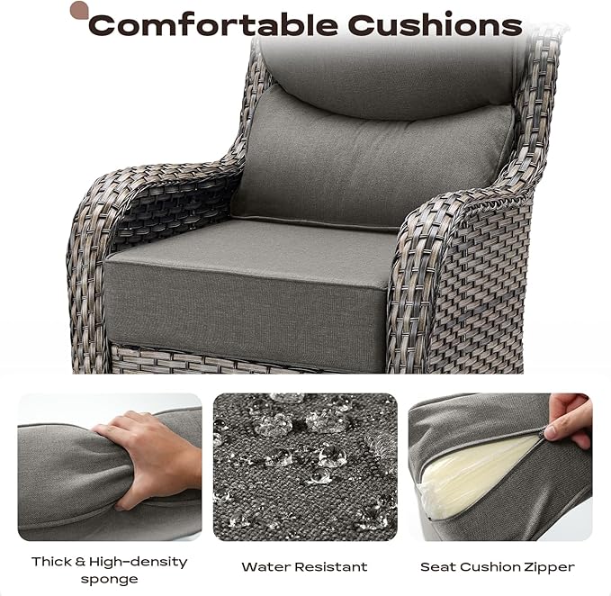 Rilyson Outdoor Patio Swivel Rocker Chairs Set of 2, Waterproof Wicker, High Back, Deep Seating, Wide Armrest, Upgraded 6 inch Thick Cushions, Side Table, Ideal for Deck Porch Yard, Mixed Grey-Grey