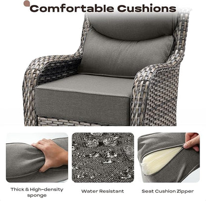 Rilyson Outdoor Wicker Patio Furniture Set - 4 Piece Patio Conversation Set with Swivel Rocker Chairs and Ottomans, 6 inch Cushions, High Back, Deep Seating, for Porch Deck Garden Mixed Grey/Grey