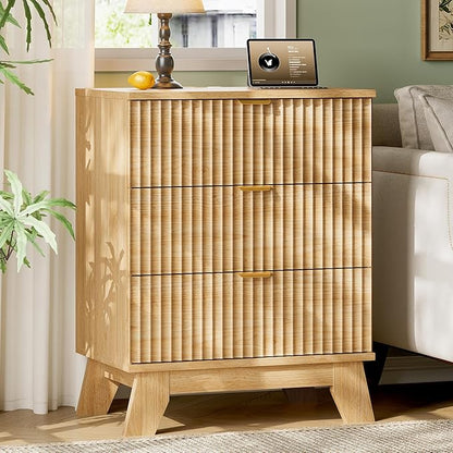Fluted Nightstand with Charging Station, 24" Wide Bedside Table with 3 Large Storage Drawers, Modern Wood Side Table Night Stand, End Table Small Dresser for Bedroom, Living Room, Dorm, Natural Oak