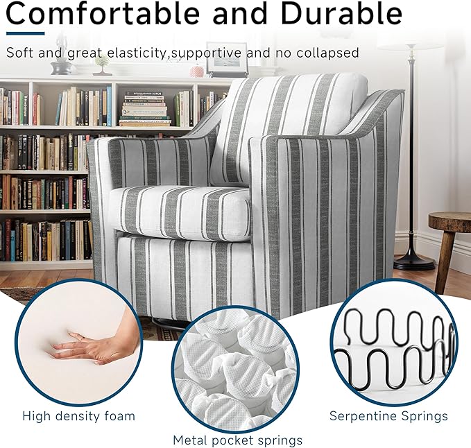 Pia Ricco Set of 2 Oversized Modern Striped Fabric Swivel Accent Chairs with Removable Covers, Living Room Reception Set