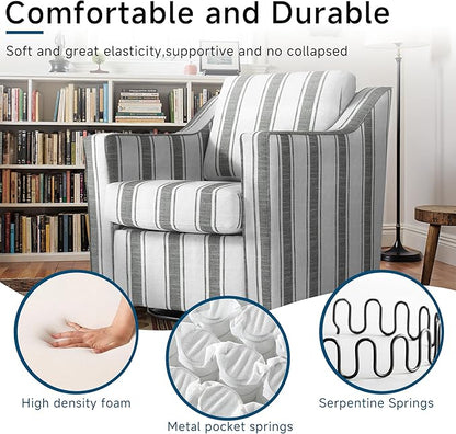 Pia Ricco Set of 2 Oversized Modern Striped Fabric Swivel Accent Chairs with Removable Covers, Living Room Reception Set