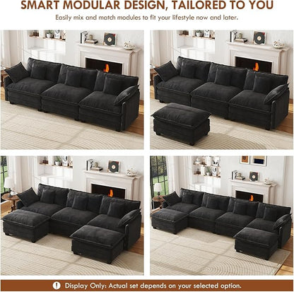 WorthFurni 77 Inch L Shape Cloud Sofa, Modular Sectional Couch with Ottoman, Comfy Chenille Deep Seat Loveseat with Pillow for Living Room Bedroom Apartment (Black)