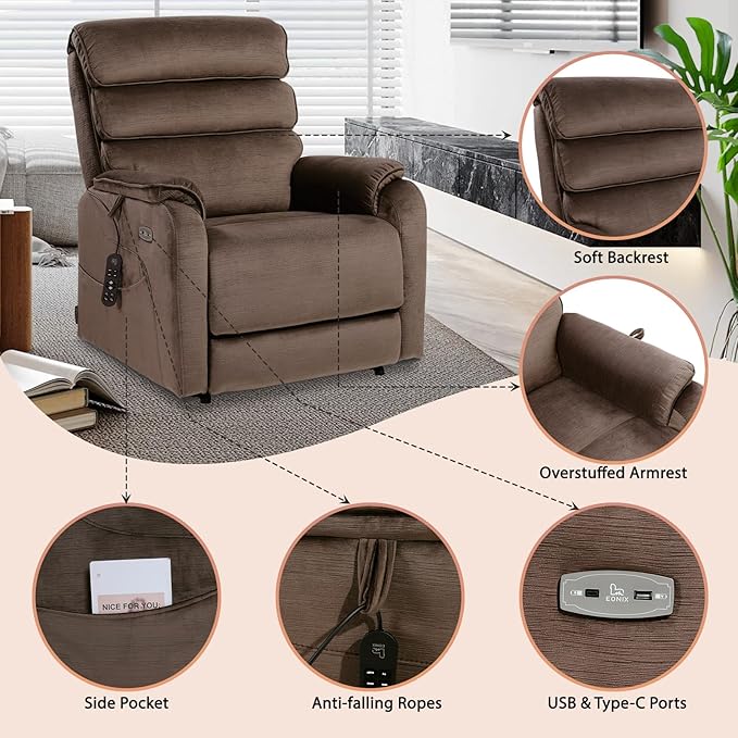 EONIX Wide Lay Flat Power Lift Recliner Chair for Elderly, Heavy Duty Oversized Fabric Lift Chairs Recliner Sofa with Heat and Massage and Charging Ports, Chenille Brown
