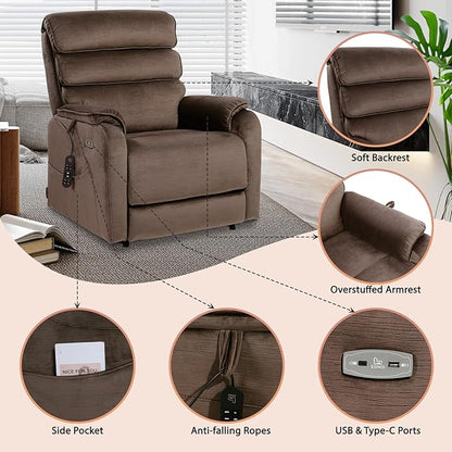 EONIX Wide Lay Flat Power Lift Recliner Chair for Elderly, Heavy Duty Oversized Fabric Lift Chairs Recliner Sofa with Heat and Massage and Charging Ports, Chenille Brown