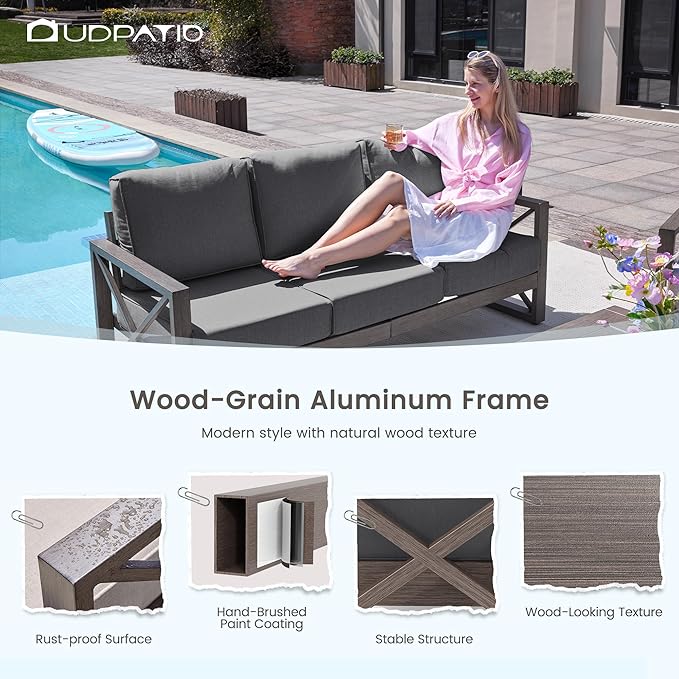 UDPATIO 6 Piece Aluminum Patio Furniture Set 7 Seats Modern Outdoor Furniture Faux Wood Grain Patio Conversation Sets with Olefin Fabric Thick Cushions, 600D Waterproof Cover Included, Dark Grey