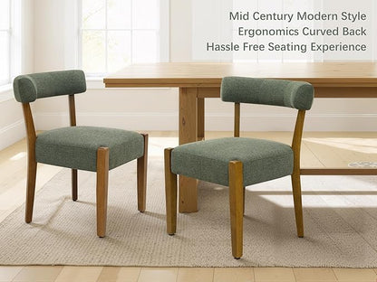 Modern Green Dining Chairs Set of 4, Walnut Upholstered Kitchen & Dining Room Chairs, Mid Century Modern Wooden Dining Chairs Oversized Sturdy Fabric Rounded Chairs Curved Back