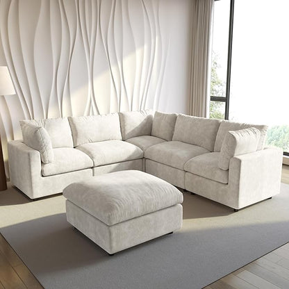 WJShome Cloud Couch Modular Sectional Sofa,100.5" V Shaped Couch, Convertible Wide Seater with Ottoman, 6 Seater for Living Room Set,Covers Washable&Replaceable,Beige