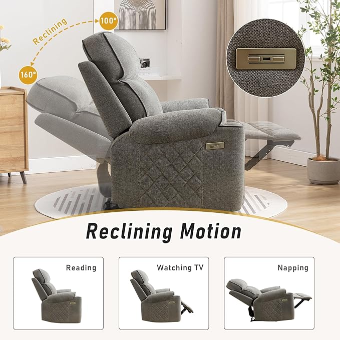 Electric Recliner Chair, Soft Fabric Power Recliners with Metal Cup Holders, Single Overstuffed Heavy Duty Reclining Sofa Chairs for Living Room Bedroom, Light Grey