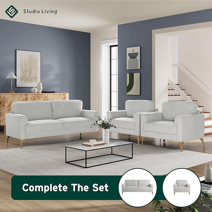 Studio Living® Matthew 39.8" Arm Chair, Mid-Century Modern, Pocket Coil Comfort, Metal Brushed Bronze Legs, Chenille Fabric, Ivory