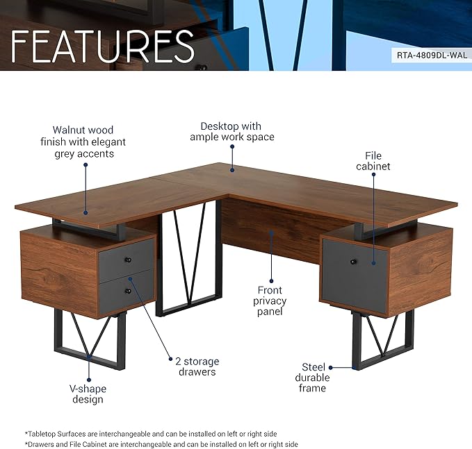 Techni Mobili Reversible L Shaped Desk with File Cabinet and Drawers 59” W – Modern Versatile L Shaped Office Desk with Drawers and File Cabinet - Brown