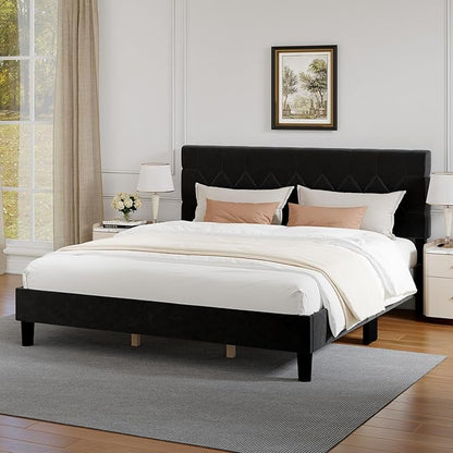 Novilla King Size Bed Frame, King Bed Frame and Headboard, Velvet Upholstered Pull-Point Bed Frames, No Box Spring Needed, Heavy Duty Feet, Easy Assembly, Black Velvet