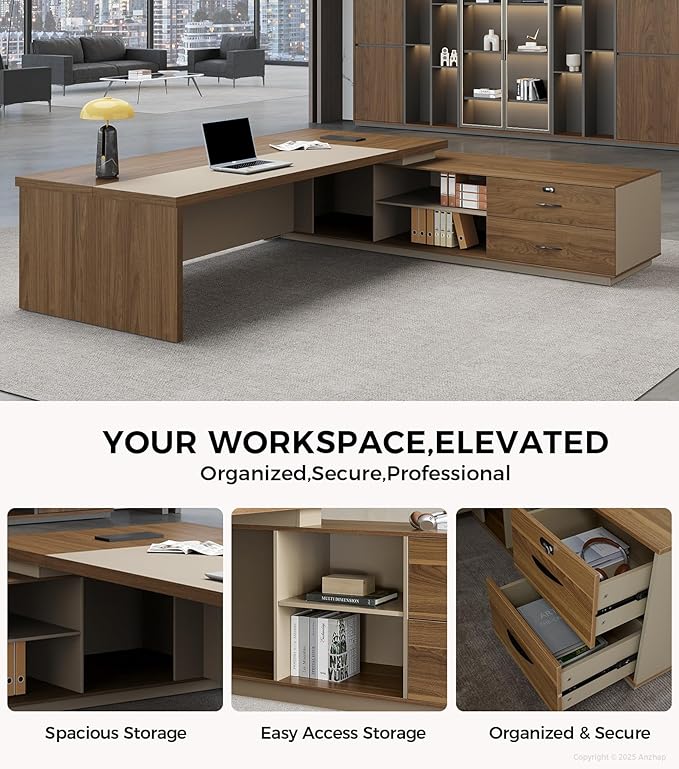 L-Shaped Executive Desk with Lockable Drawers – 79" Modern Large Executive Office Desk with LED, Lateral File Cabinet, Built-In Cable Box, Privacy Panel & Storage Shelves for Home or Business, Right