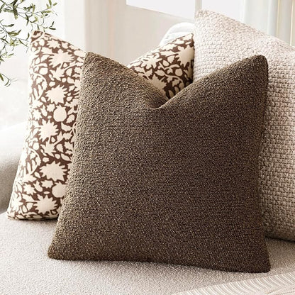 Foindtower Set of 2, Decorative Textured Boucle Throw Pillow Covers Accent Solid Pillow Cases Neutral Soft Couch Cushion Case for Chair Sofa Bedroom Living Room Home Decor 16x16 Inch Chocolate