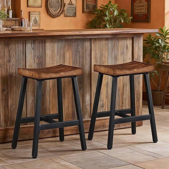 OUllUO Bar Stools Set of 2, Backless Saddle Barstools, 25" Counter Height Bar Stools, Solid Wood Counter Stools with Metal Frame, 521P-BBWD