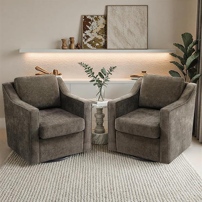 Pia Ricco 2-Pack Plush Oversized Chenille Fabric Swivel Accent Chairs with Removable Covers, Living Room Reception Bundle Set,Night Brown Black
