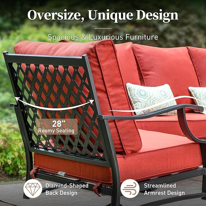 4 Piece Metal Outdoor Patio Furniture Sets, Patio Conversation Sets 1 3-seater Sofa, 2 Swivel Chair with 5.75" Extra Thick Cushion and Coffee Table, Black Frame Backyard Furniture, Red