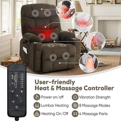 ABCASA Oversized Dual Motor Lay Flat Power Lift Recliner Chair with Massage, Heating, Lumbar Pillow, USB & Type-C Ports, Textile Lift Chairs Recliners, Large Recliner for Big & Elderly People - Brown