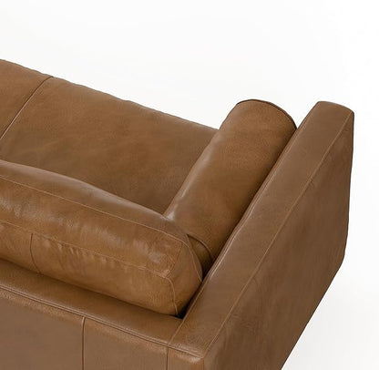SIMPLIHOME Morrison Mid-Century Modern 72 inch Wide Sofa with Ottoman Set in Caramel Brown Genuine Leather for the Living Room and Family Room