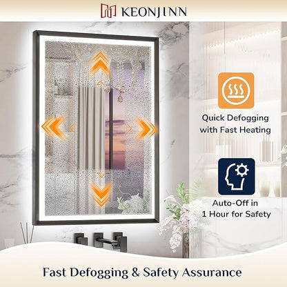 Keonjinn 48” x 30” LED Bathroom Mirror with Frontlit & Backlit, Large Metal Framed Lighted Mirror with Stepless Dimmable 3-Color Temperatures, Anti Fog, UL-Listed Driver, No Dark Corner