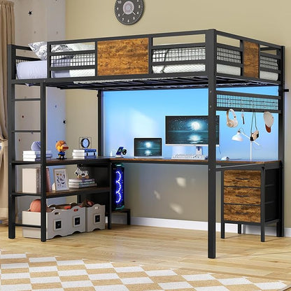 ADORNEVE Loft Bed Full Size with L-Shaped Desk, 3 Storage Drawers, Power Outlet, 3 Storage Shelves, Metal Loft Bed Frame with RGB Lights, Bed with Safety Guardrail & Ladders,Space-Saving,Rustic Brown