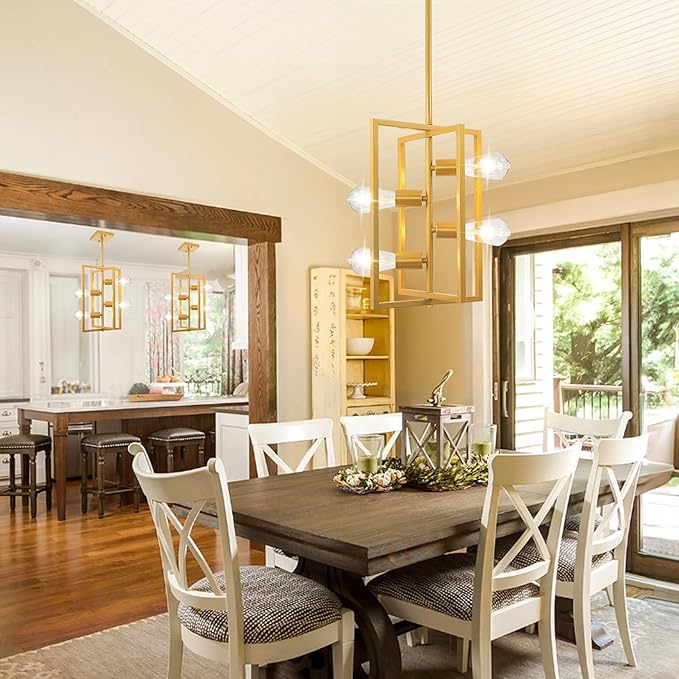 Farmhouse Kitchen Island Lighting: 4-Light Frosted Gold Chandeliers for Dining Room, Rustic Industrial Dining Room Light Fixtures, for Living Room, Bedroom, Foyer, Entryway, Staircase