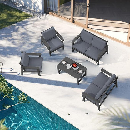 SERWALL HDPE Patio Furniture Set, 5 Piece All Weather Wood-Like Sectional Outdoor Furniture Set, Grey Patio Sofa Couch with Grey Cushions for Deck, Lawn