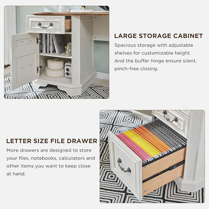 T4TREAM 59" Executive L Shaped Desk with Drawers,Farmhouse Wood Computer Coner Desk, Featuring Charging Station,File Drawer, Storage Cabinet,for Home Office Work and Study (Antique White)