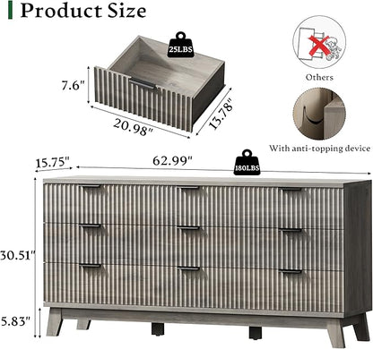 Fluted Dresser with 9 Drawers, 63" Wide Wood Chest of Drawers with Metal Handle, Wooden Dresser TV Stand, Modern Closet Clothes Storage Organizer for Bedroom, Living Room, Hallway, Light Grey