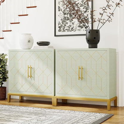 HLR Accent Cabinet with Gold Trim Set of 2,Storage Cabinet with 2 Doors,Modern Wooden Sideboard for Living Room, Kitchen, Office and Hallway(Green)