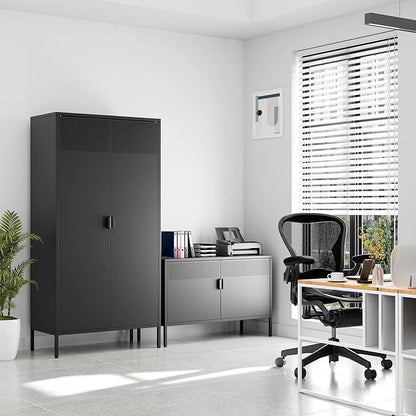 Black Wide Metal Locker Storage Cabinet, 2 Door Accent Cabinet for Home and Office, 2 Tier Low Metal Cabinet With Doors and Shelf, Multipurpose TV Stand