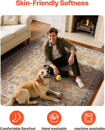VEVOR 9 x 12 ft Area Rug Large Washable Rug Non-Slip and Tear-Resistant Soft Carpet Pet & Child Friendly Vintage Area Rugs Indoor Mat for Bedroom Living Room Kids Room Office Brown Green