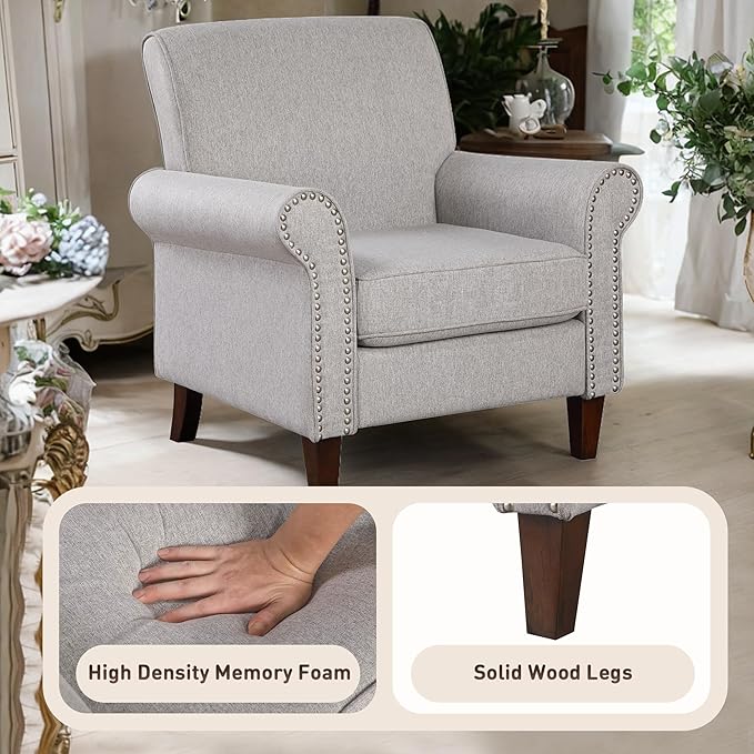 Prilinex Upholstered Living Room Chair Set of 2 - Large Comfy Fabric Accent Chair Single Sofa with Cushion, Rolled Armrest & Nailhead Trim, Mid Century Modern Armchair for Bedroom, Office, Grey