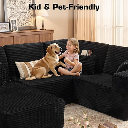 Weaxty Boneless Sectional Couch, U Shaped Modular Cloud Couches with Chaise, Plush Corduroy Memory Foam Deep Seat Floor Sofa, No Assembly Required，Black