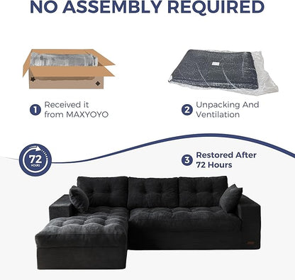 MAXYOYO 104" L Shaped Modular Sectional Sofa with Ottoman, Cloud Boneless Couch with Layered Cushion, Upholstered Sofa in a Box, Flexible Module Combination for Living Room, No Assembly, Black