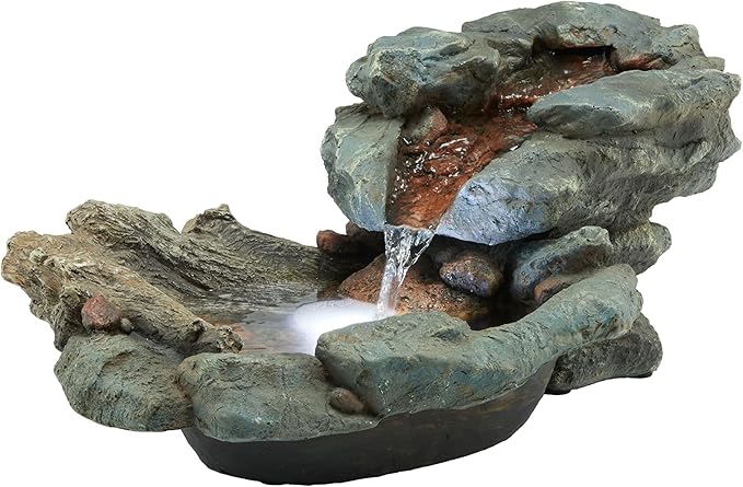 Alpine Corporation 20" Long Indoor/Outdoor River Rock Waterfall Tabletop Fountain with LED Lights
