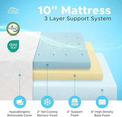 L’Baiet 10 Inch Gel Memory Foam Mattress, King Size - Bed in a Box - Medium Firm - Breathable Cooling-Gel Comfort Technology - Pressure Relief Comfy Support Soft Fabric Cover - CertiPUR-US Certified