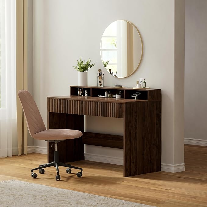 Fluted Executive Desk with Storage Shelf, 47" Modern Wood Home Office Desk with Long Monitor Stand & 2 Drawers, Writing Study Computer Table Vanity Desks, Brown