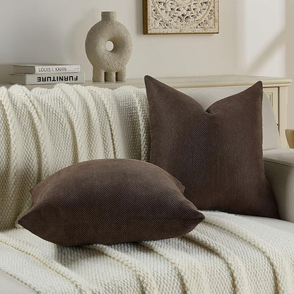 FUTEI Dark Coffee Chenille Throw Pillow Covers 22x22 Inch Set of 2,Soft Wide Chevron Textured Cushion Case,Farmhouse Home Decor for Couch Bed Living Room