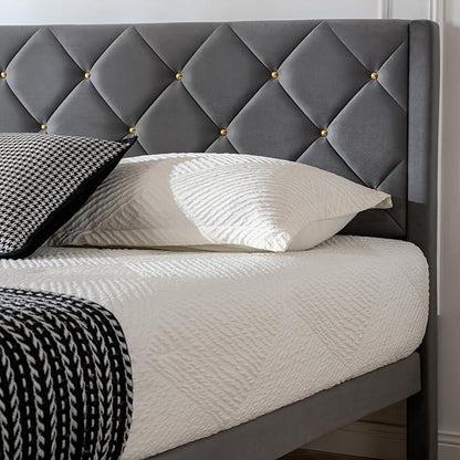 Full Size Platform Bed Frame with Velvet Upholstered Headboard and Sturdy Wooden Slats Support,Mattress Foundation，Easy Assembly, No Box Spring Needed,Slip Resistant (Grey, Full)