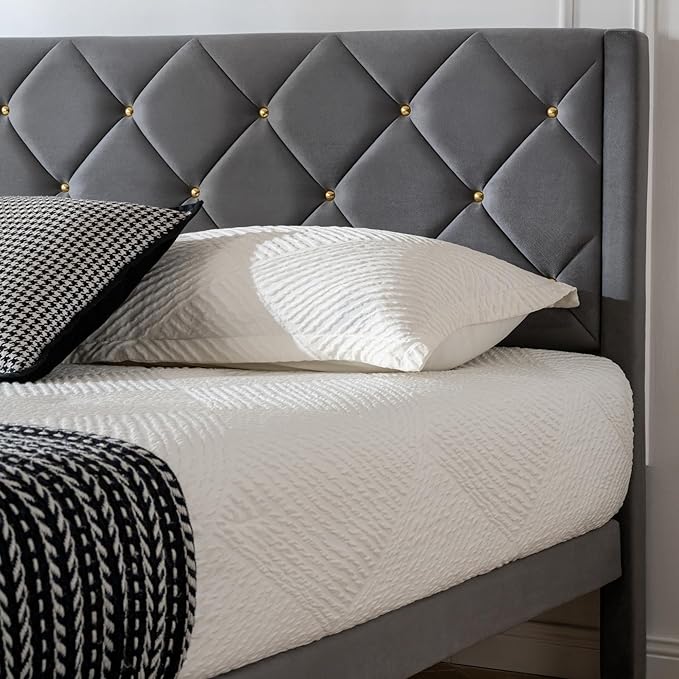Queen Size Platform Bed Frame with Velvet Upholstered Headboard and Sturdy Wooden Slats Support,Mattress Foundation，Easy Assembly, No Box Spring Needed,Slip Resistant (Grey, Queen)