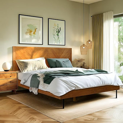 Acacia Alander Bed Frame with Headboard Bed Frame Queen Size Solid Wood Platform Bed, Scandinavian Signature High Headboard Wood Bed Compatible with All Mattress Types, 30 Mins Assembly, Walnut