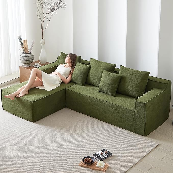 Modular Sectional Sofa, Boneless Cloud Sectional Couch with L-Shaped Lounge Chair, Soft Compressed Couch Memory Foam Sofa for Living Room, No Assembly Required (Green, Velvet)