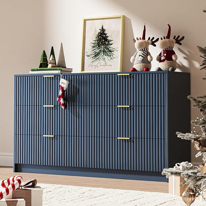 6 Drawer Dresser for Bedroom, 55" Wide Modern Chest of Drawers with Gold Metal Handles, Fluted Wood TV Stand for Living Room, Hallway(Navy Blue)