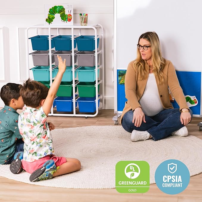 ECR4Kids 5-Tier Storage Rack with 15 Cubby Bins 5x3, Multipurpose Organization, Contemporary