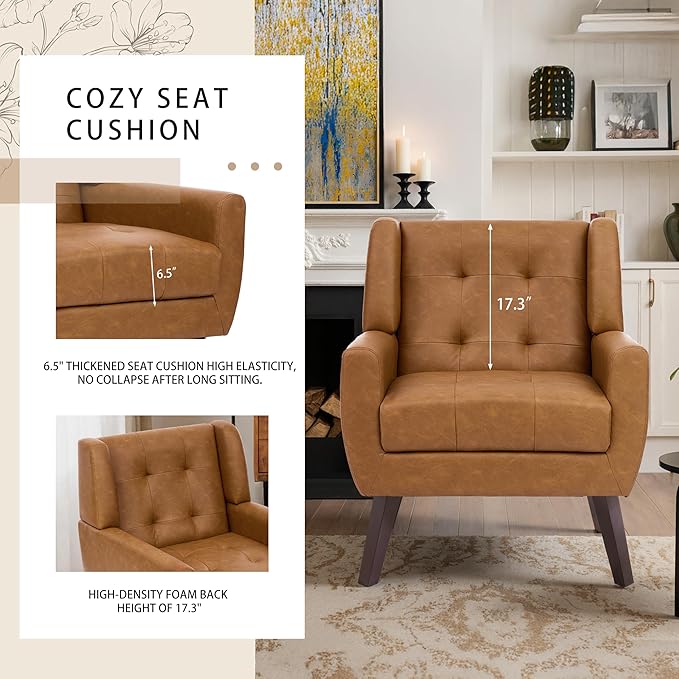 Faux Leather Accent Chairs Set of 4, Mid-Century Modern Upholstered Armchair, Comfy Living Room Chairs Reading Chairs with Button Tufted Back & Solid Wood Legs for Bedroom, Office, Brown