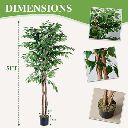 VECELO Artificial Ficus Tree with Sturdy Nursery Pot, 5FT Faux Silk Plant for Indoor Outdoor Home Garden Decor, 2 Pack